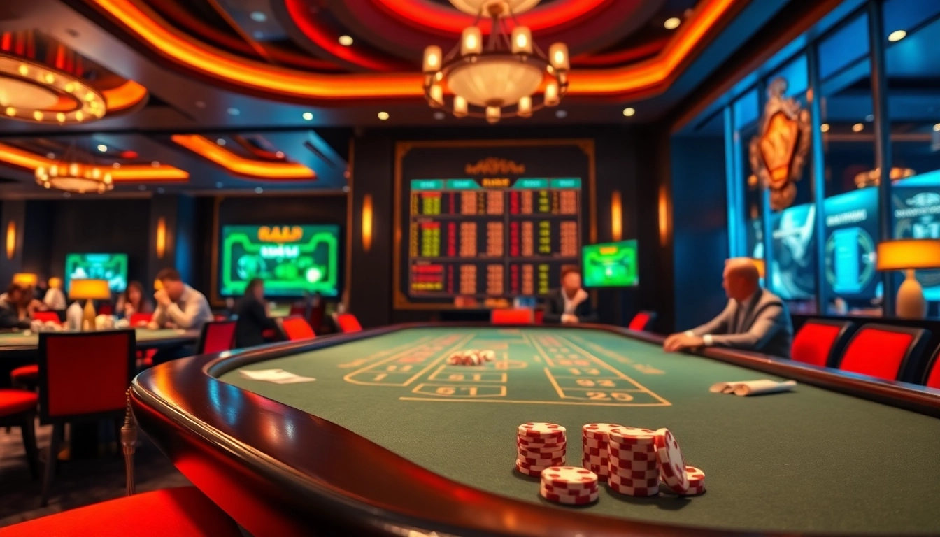 Exciting scene of players enjoying tài xỉu md5 at a luxurious casino table with vibrant dice and stats display.