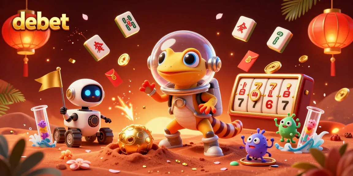 Experience a Martian gecko uncovering the debet casino amidst vibrant gambling symbols in an engaging 3D scene.