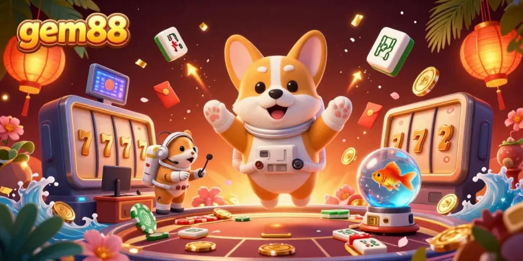 Engage with gem88's vibrant casino adventure featuring a floating corgi, lucky symbols, and gold treasures.