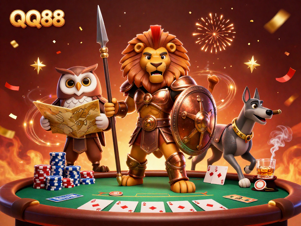 Engage in thrilling poker at QQ88 with a Spartan lion, owl strategist, and swift greyhound amidst celebration.