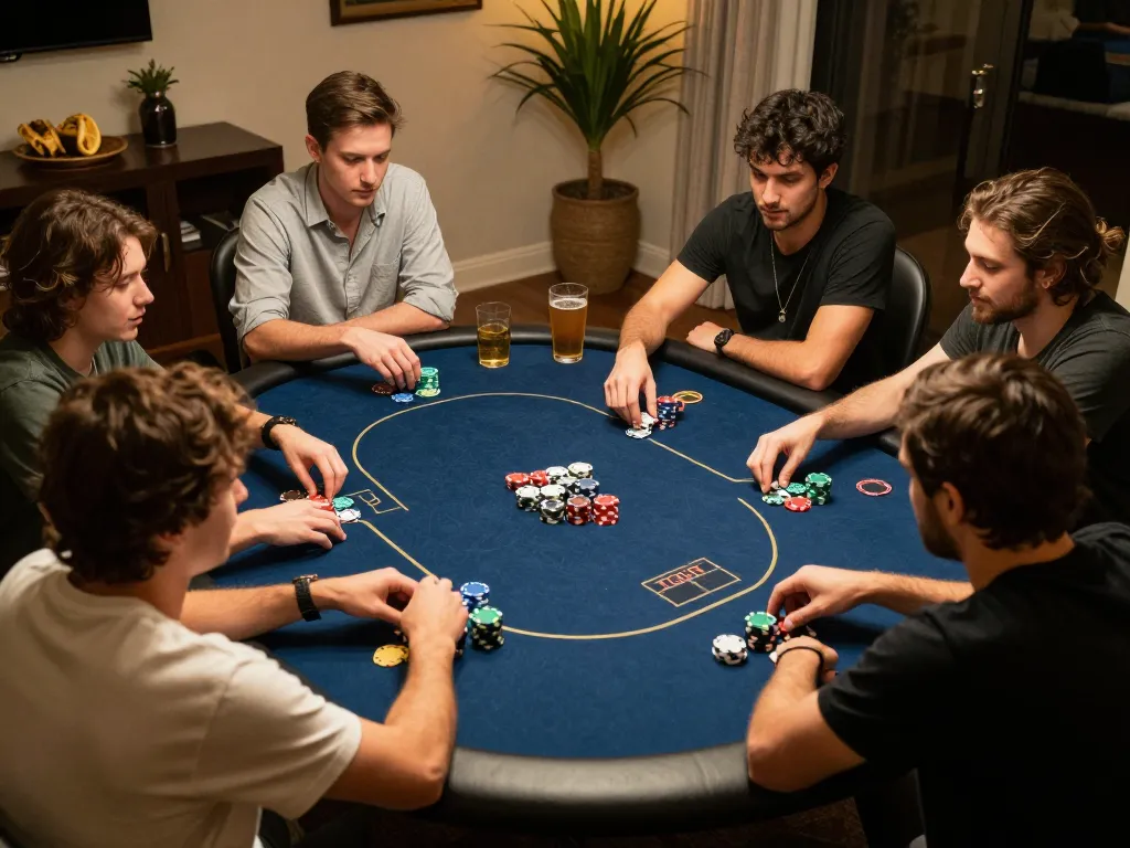 Players enjoying a lively poker night at home with MAX88, showcasing chips and strategies