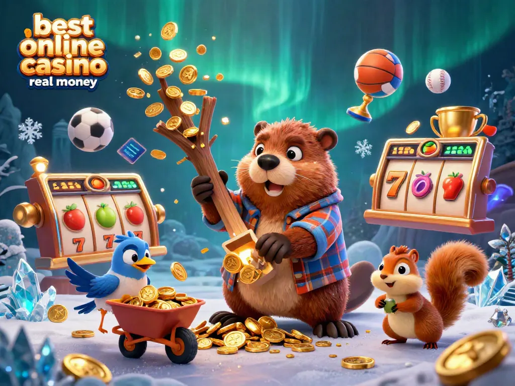 Experience excitement at the best online casino real money as playful characters collect coins in a dynamic casino setting.