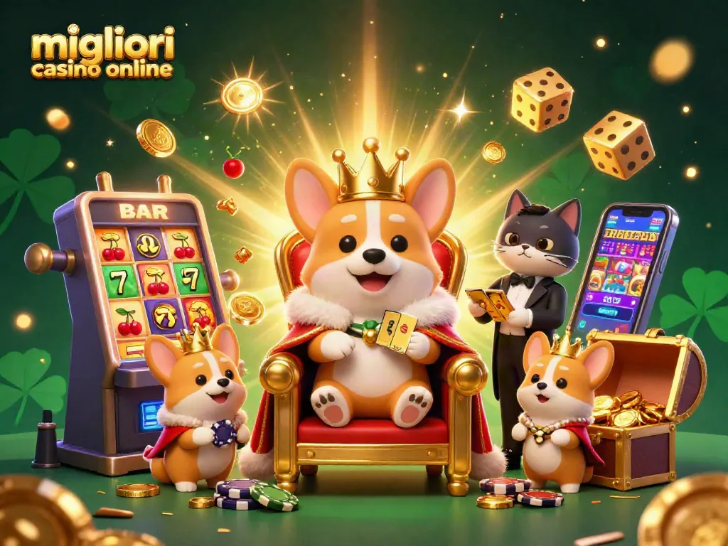 Scopri i migliori casino online con una scena vivace di gioco e divertimento tra corgi e slot machine.