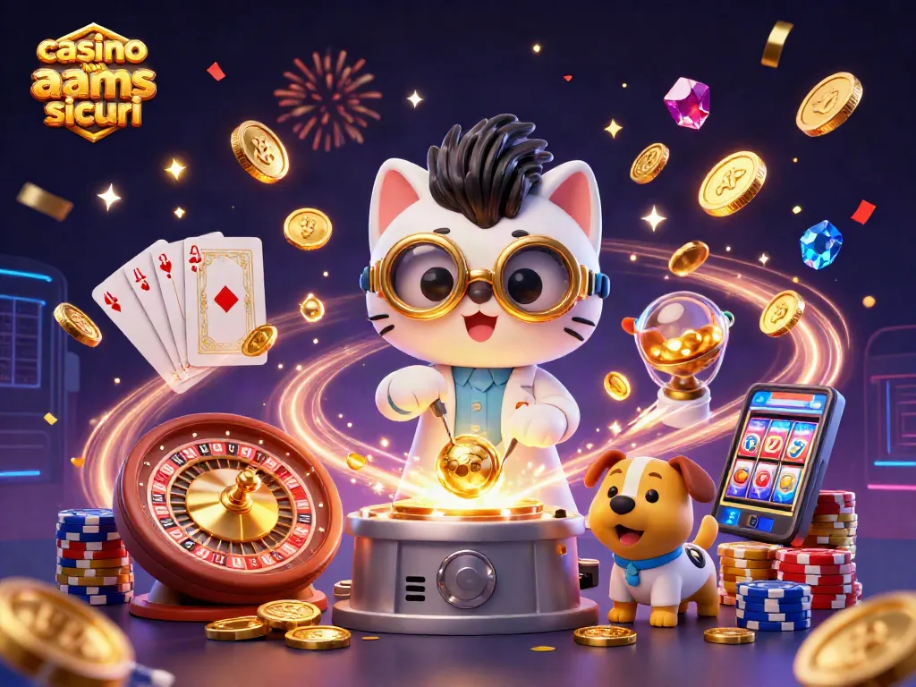 Gioca nei migliori casinò non AAMS sicuri, con un'immagine festiva di un gatto scienziato e un cane assistente.