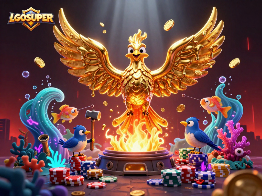Engage in thrilling fish shooting gameplay with LGOSUPER, featuring vibrant underwater elements and golden prize coins.