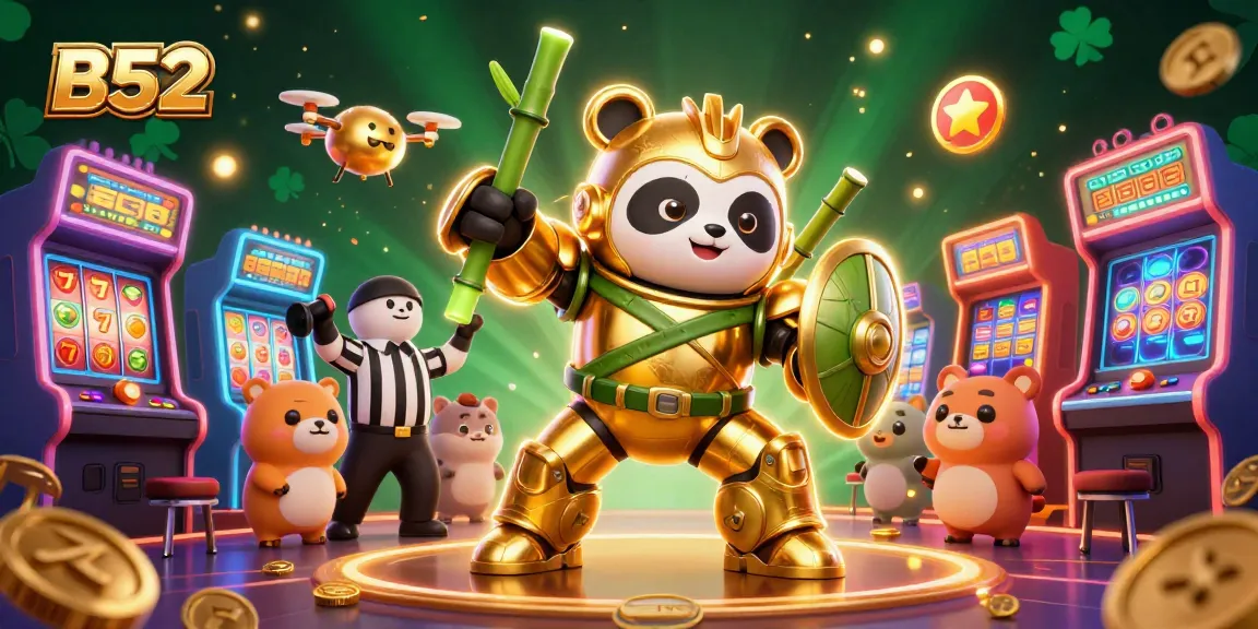 B52 showcases a fun casino scene with a golden panda in a mech-suit surrounded by colorful games and cheering spectators.