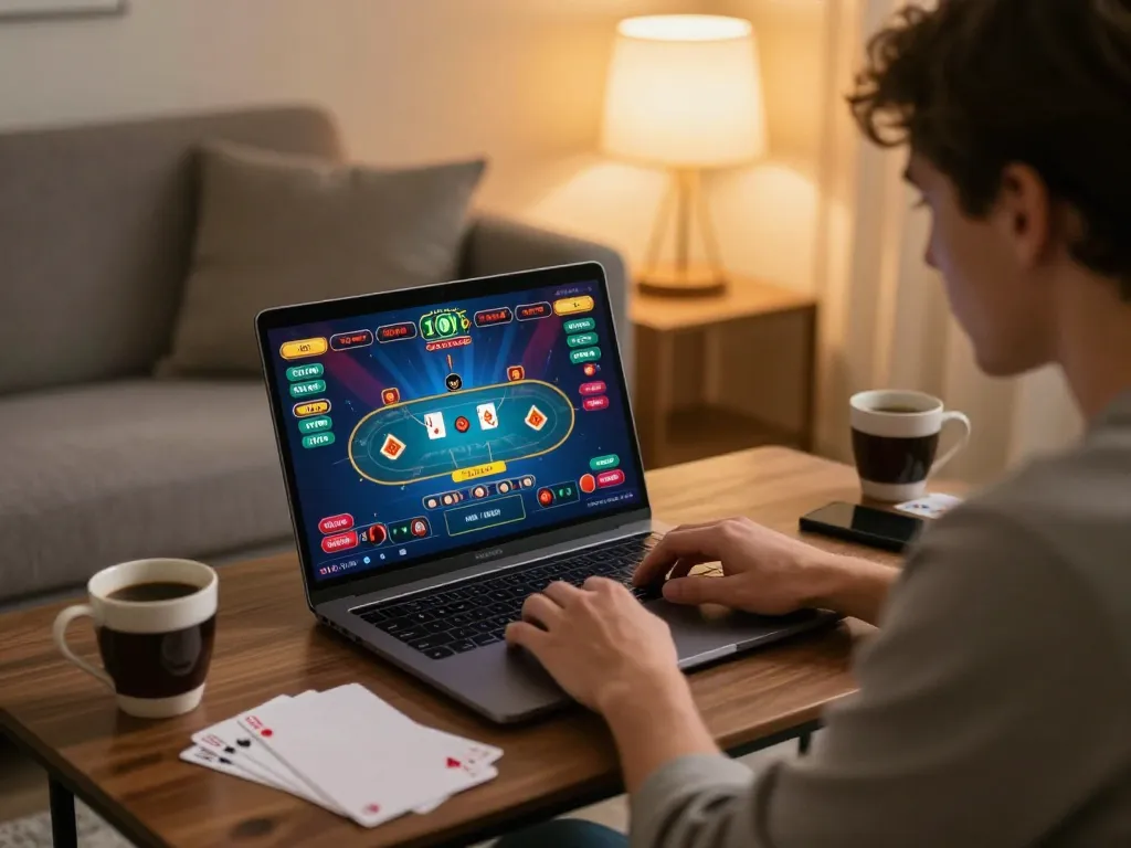 Players engaging in online gaming on NK88 with a vibrant poker interface and cozy atmosphere.