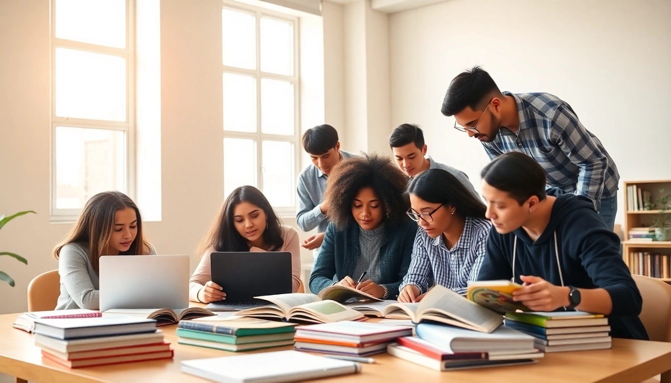 Collaborative students seeking exam help in a bright study environment.