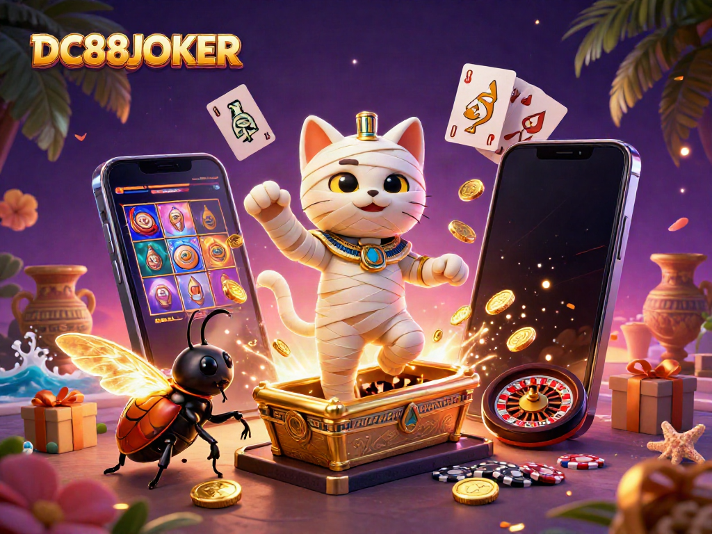 Engage with the vivid DC88JOKER gaming scene featuring a mummy cat and slot games.