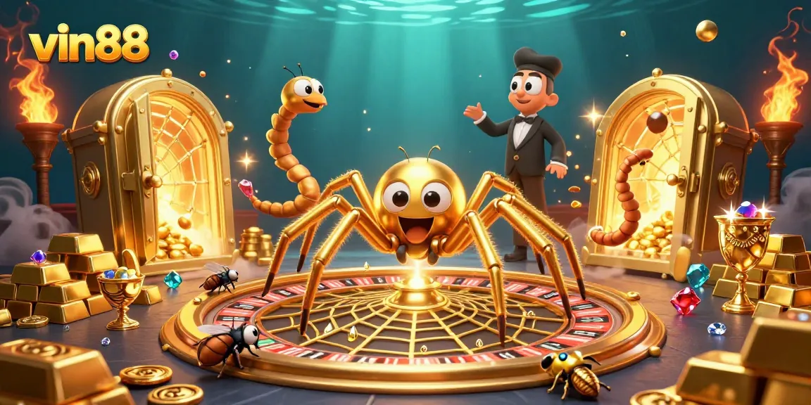 Win big at vin88 with a unique casino illustration of a spider-themed roulette game and vibrant gold treasures.