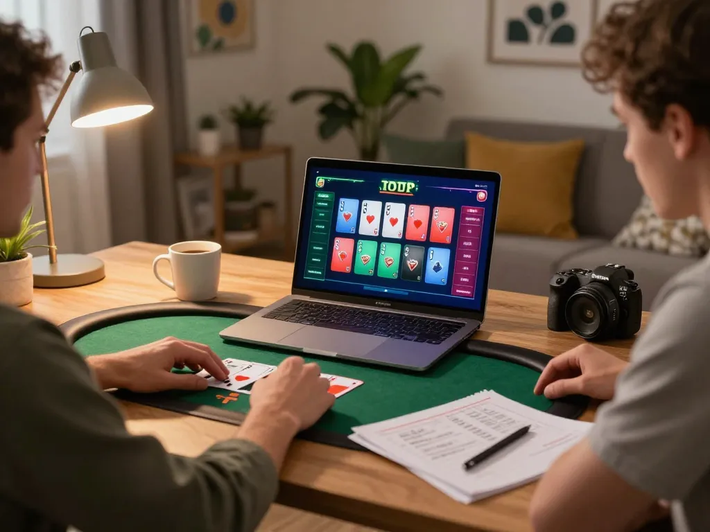 Duitgini player enjoying an online poker game in a cozy home setting, strategic notes and warm lighting enhancing the experience.