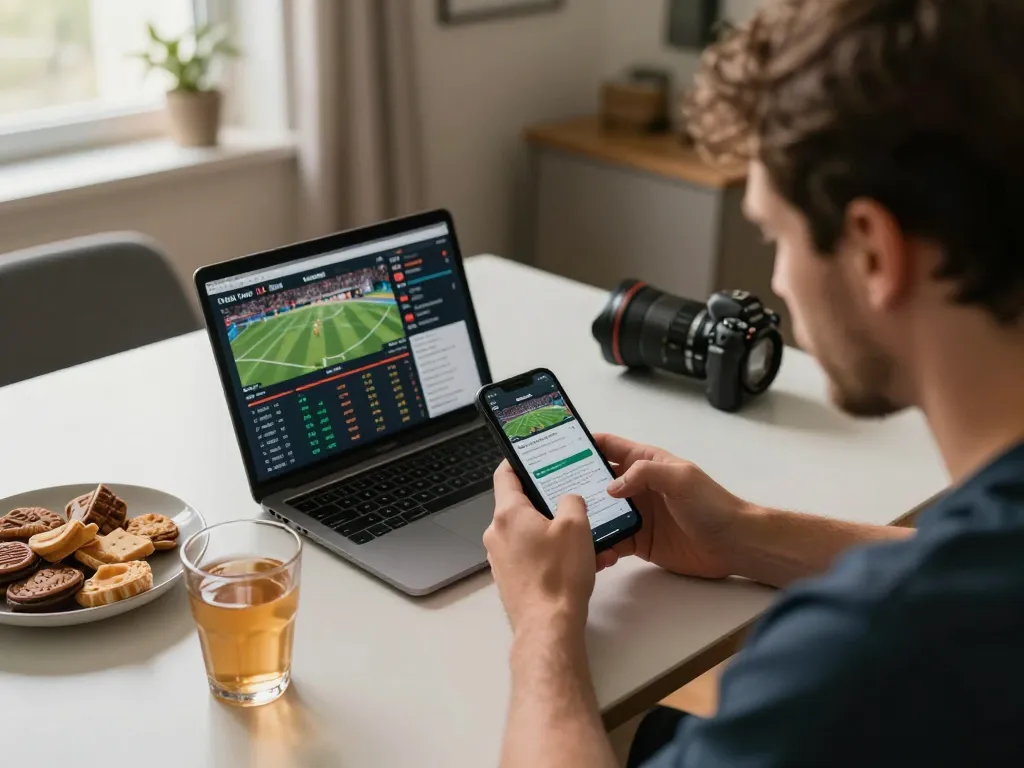 Siti scommesse non AAMS utente impegnato nelle scommesse live su smartphone a casa, che mostra analisi sportive