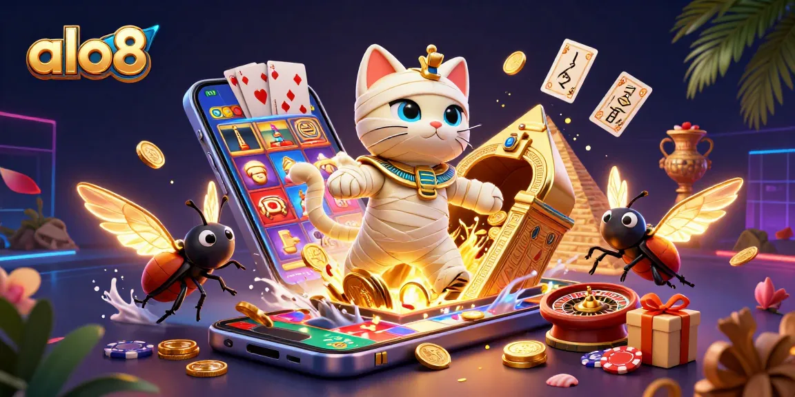 Experience thrilling gameplay at alo8 with a mummy cat, a scarab beetle, and slot games exploding in this vibrant casino illustration.
