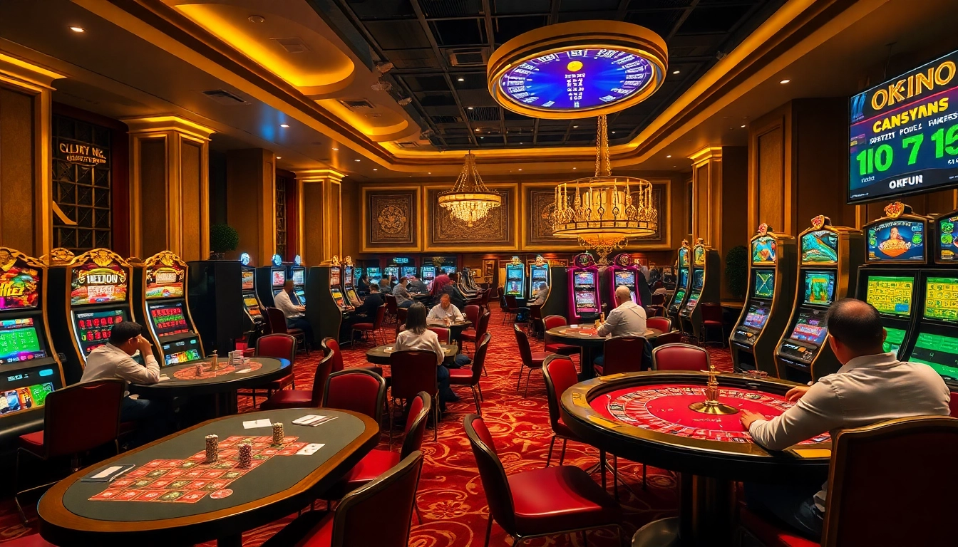 Experience the thrill of gambling at OKFUN with lively casino tables, vibrant slot machines, and engaging players.