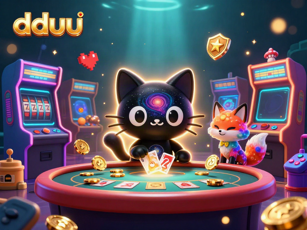 Engage with dduu's cosmic casino experience featuring playful characters and vibrant gaming elements.