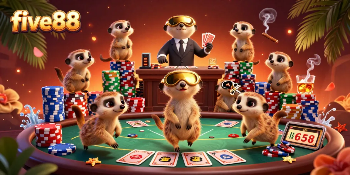 Join the fun at five88 with playful meerkats managing a bustling casino scene!