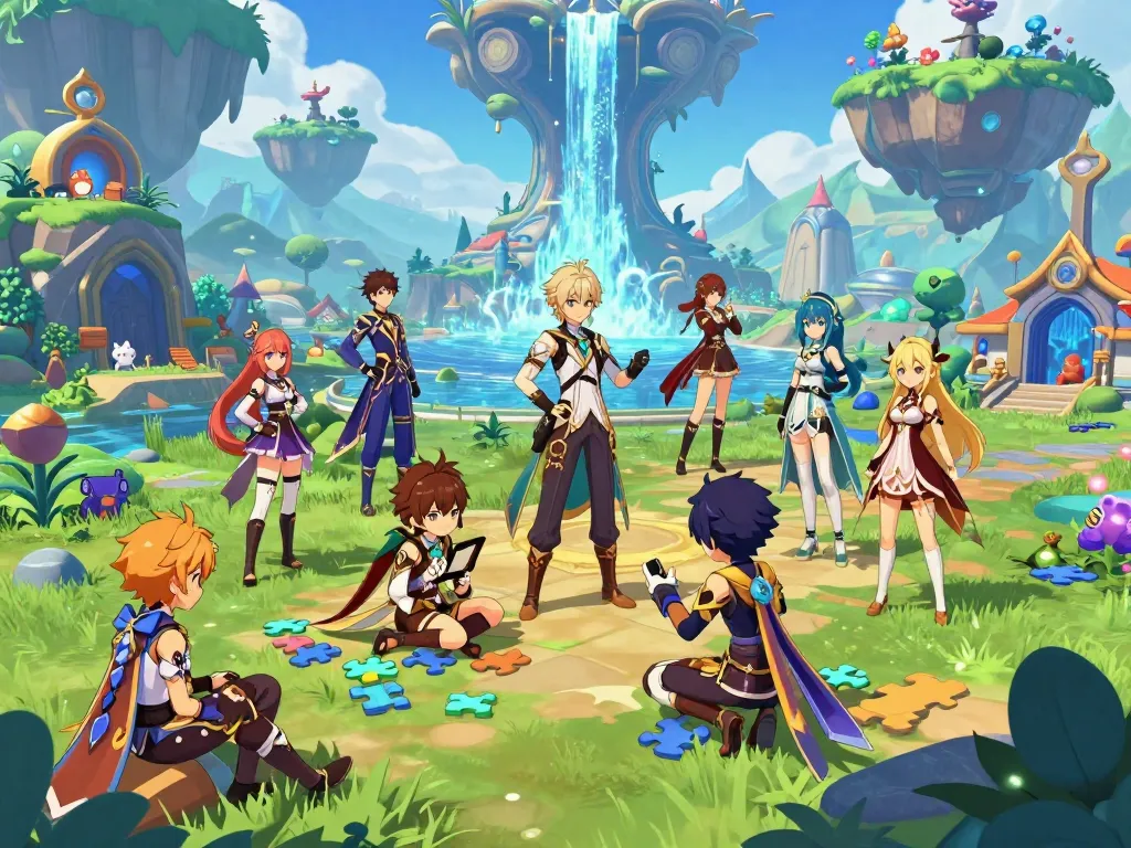 Exciting gaming illustration of diverse characters from popular hentai games exploring a vibrant fantasy world.