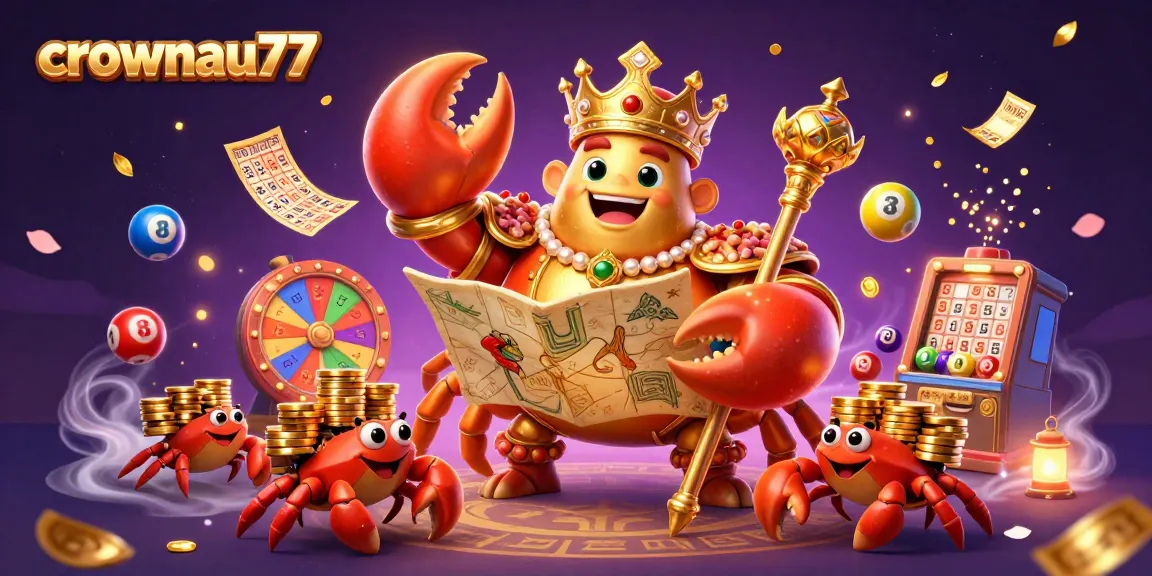Crownau77 offers thrilling gameplay with a golden crab emperor surrounded by vibrant casino elements.