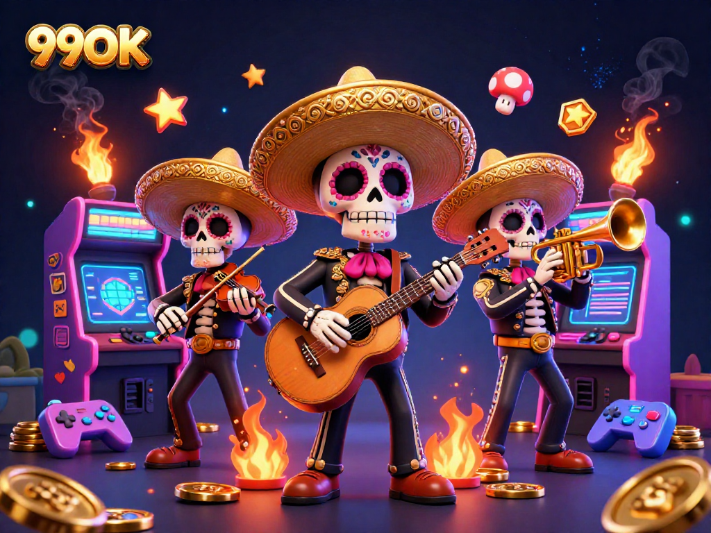Engage with 99OK's vibrant gaming experience featuring mariachi skeletons amidst arcade excitement.