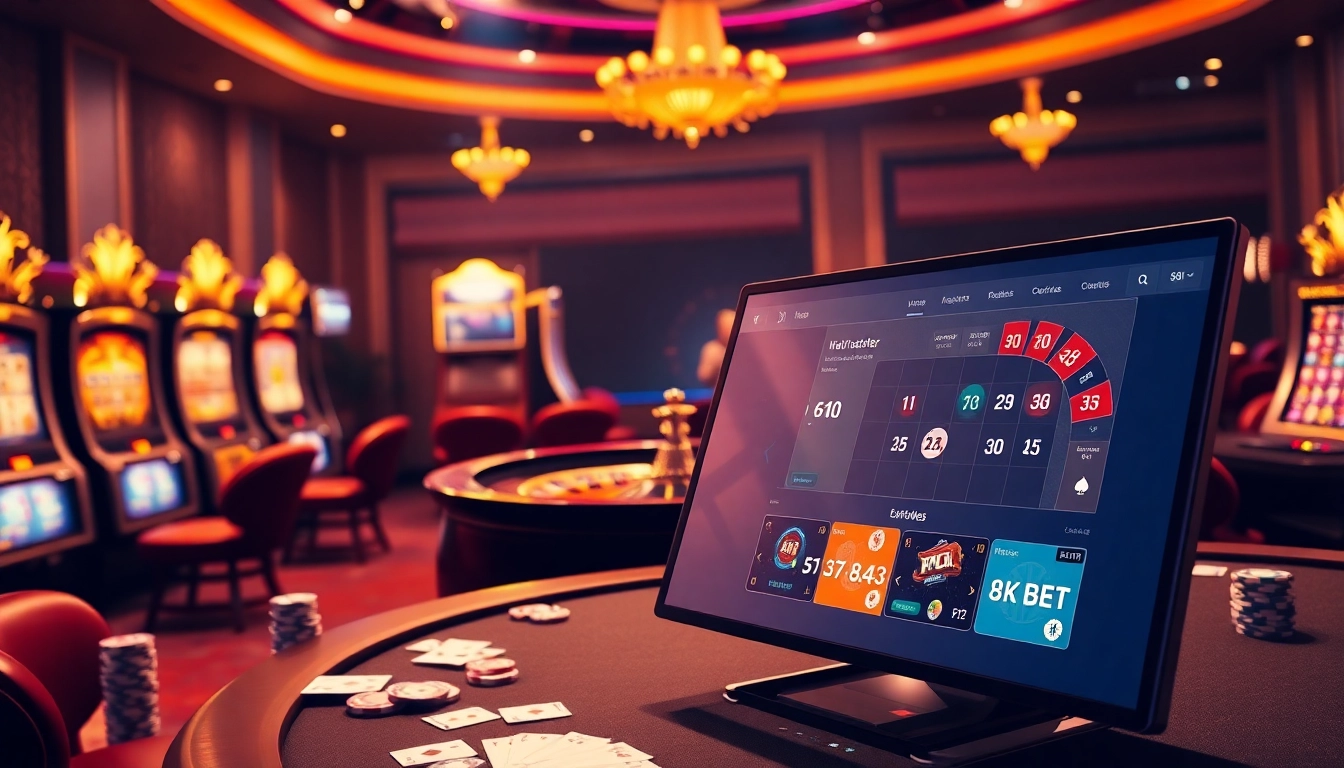 Experience the thrill of 8kbet at a luxurious online casino table with roulette and vibrant gaming elements.