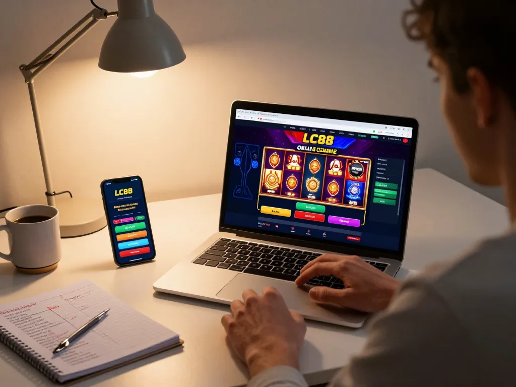 Engaging moment at LC88 online casino with player using laptop for strategic gameplay, warm home atmosphere.