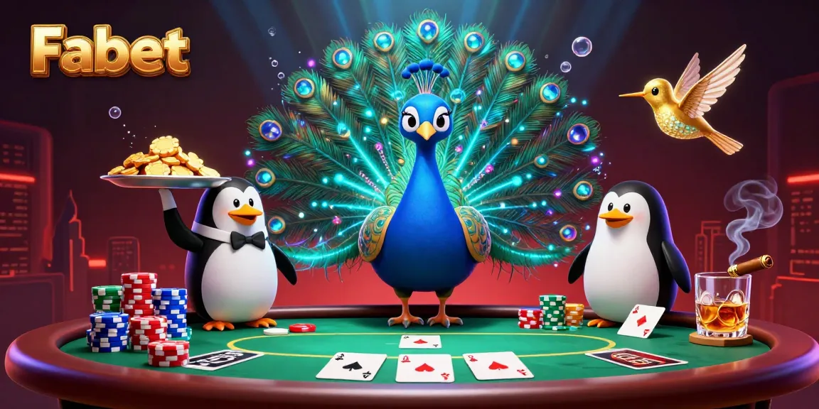 Experience the excitement at Fabet with a vibrant casino scene featuring a peacock, penguin, and hummingbird.