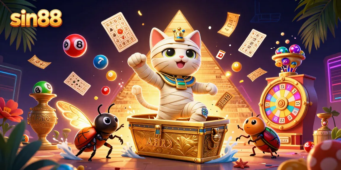 Play and win at sin88 with vibrant casino action, featuring an Egyptian mummy cat and golden elements.