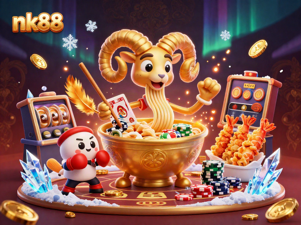 Engage with nk88’s vibrant casino scene featuring animated characters and iconic gambling elements.