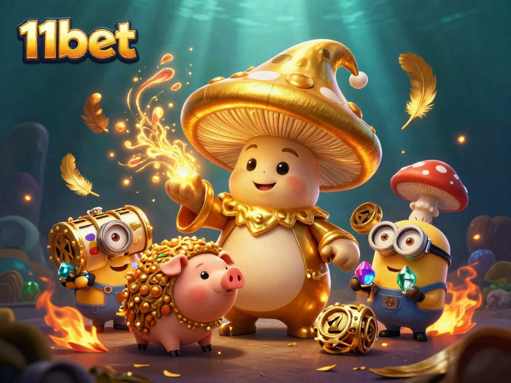Engage with 11bet’s magical casino scene featuring a golden mushroom wizard and treasure.