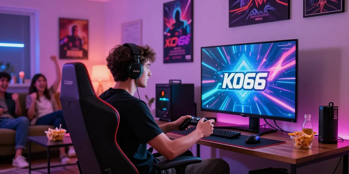 Excited gamer engaged in KO66 gameplay in a modern living room.