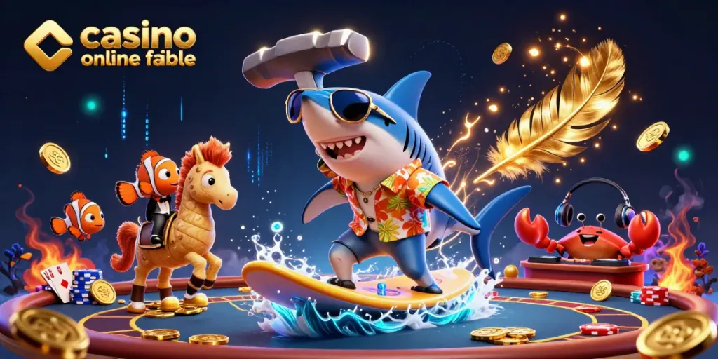 Disfruta de una emocionante escena de casinos online fiables con un tiburón surfero y un espectáculo vibrante.
