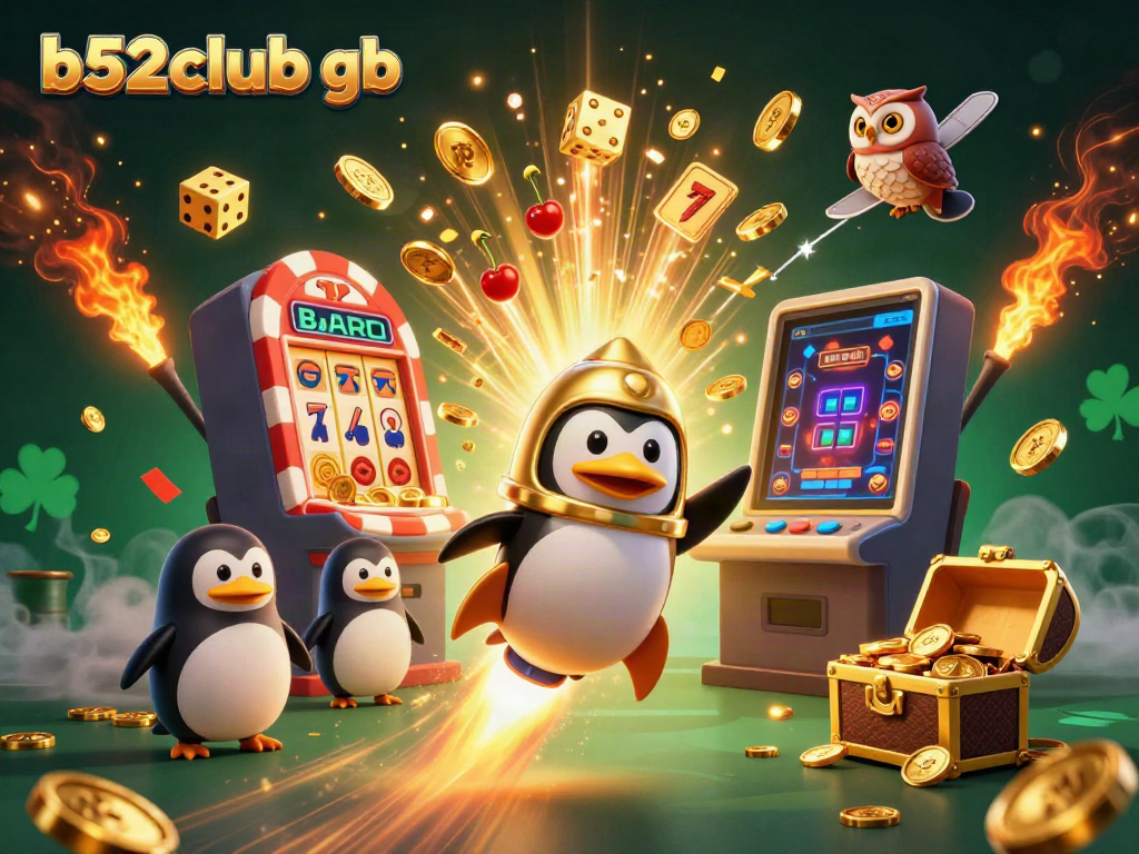 Experience the excitement of b52club gb with a golden penguin and vibrant slot machine in a dynamic casino scene.