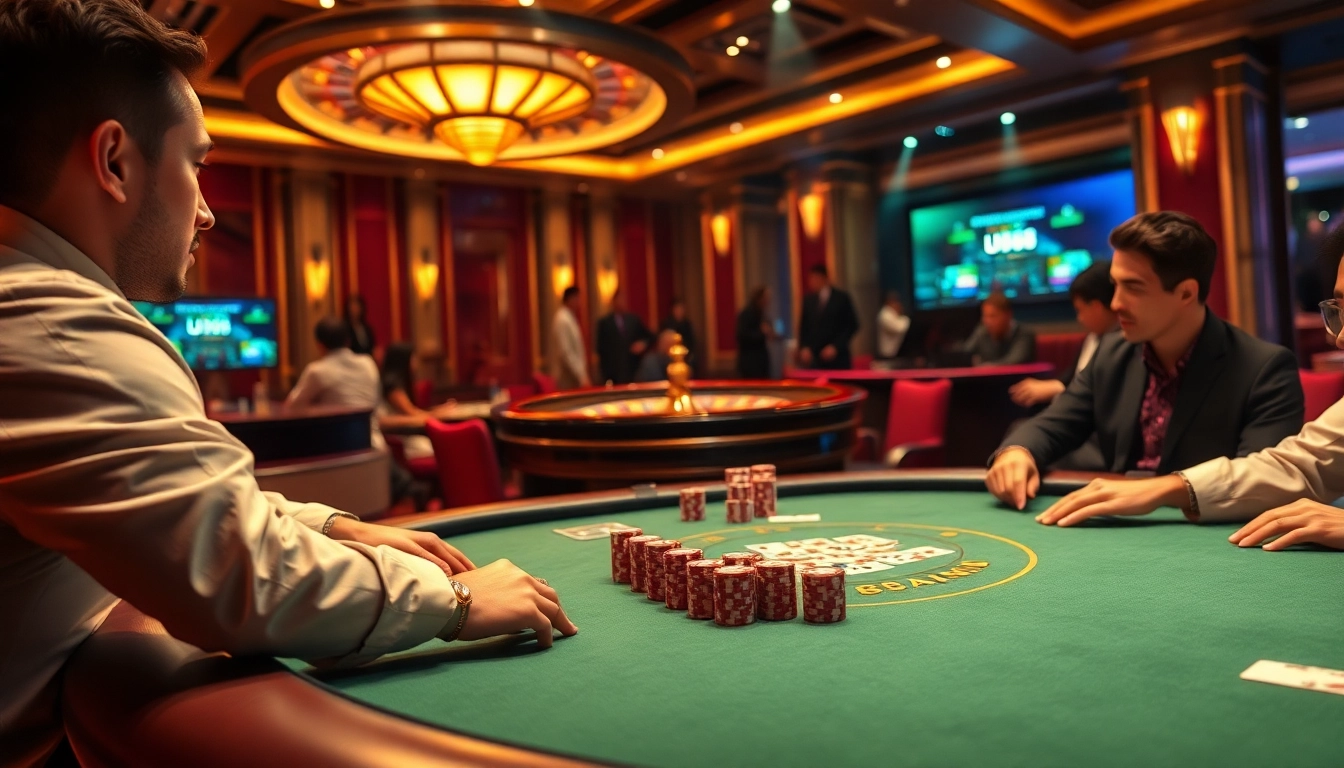U888 players enjoy an exciting game of poker at a luxurious casino table illuminated with vibrant lighting.
