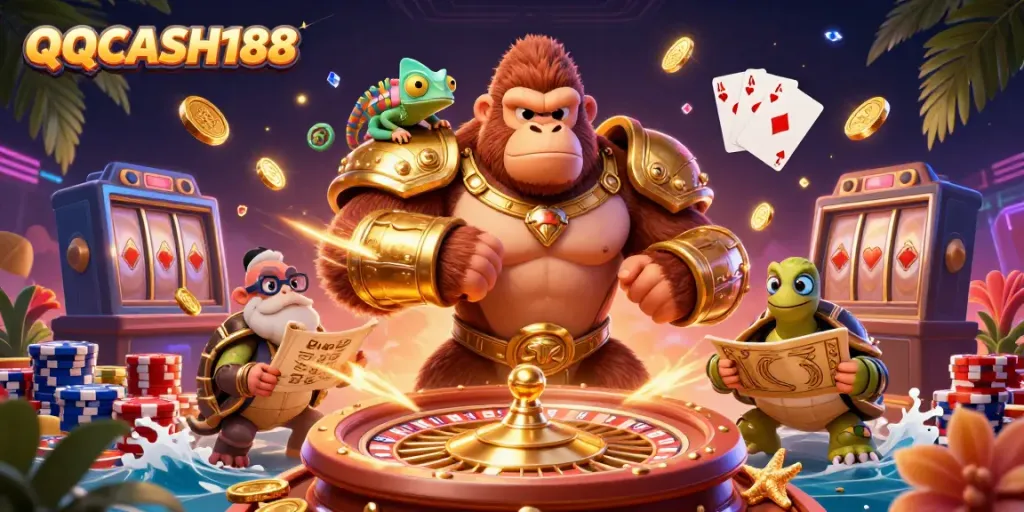 Game online experience at QQCASH188 with a gorilla king, chameleon, and tortoise surrounded by coins and gems.