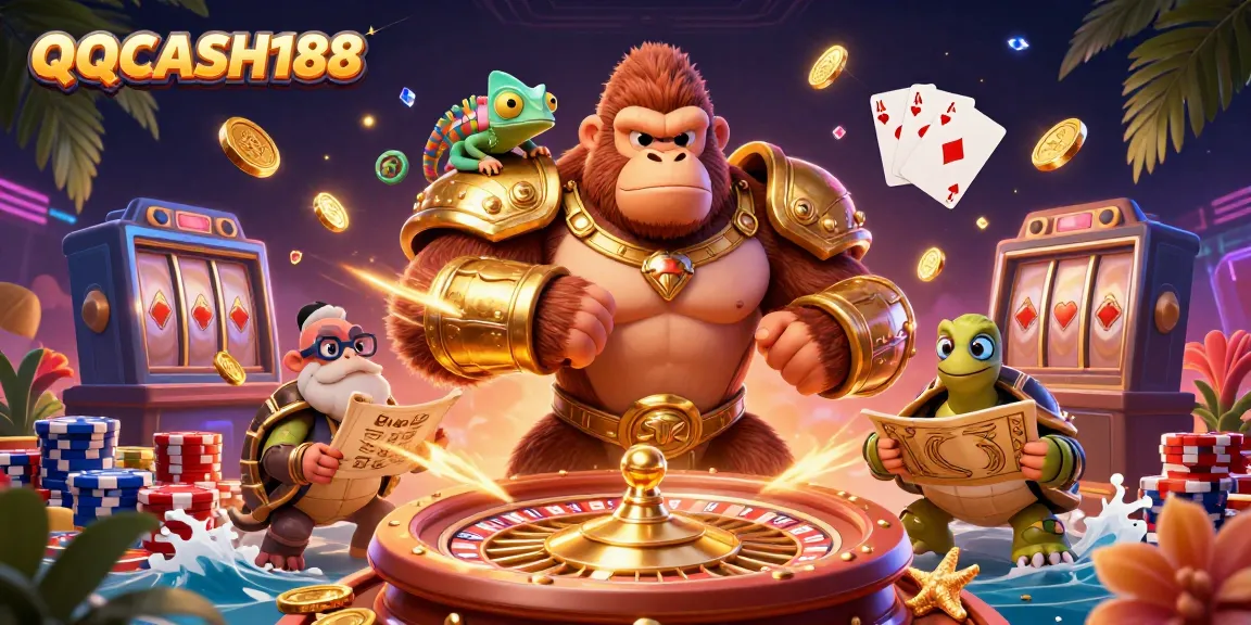 Game online experience at QQCASH188 with a gorilla king, chameleon, and tortoise surrounded by coins and gems.