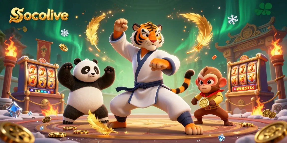 Socolive showcases a dynamic 3D scene with a kung fu tiger master and friends in an engaging casino context.