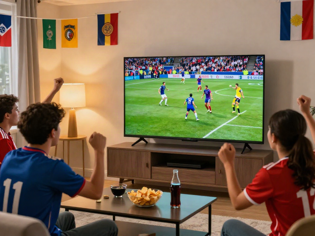 Excited fans enjoying high-definition football streaming at https://xoilactvlive.net/ in a lively living room.