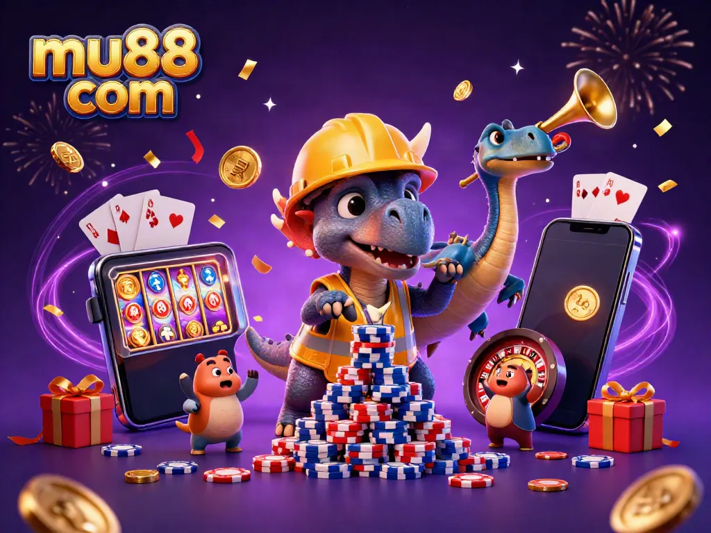 Experience excitement at mu88 com with a triceratops building poker chip pyramids, celebrating casino fun.