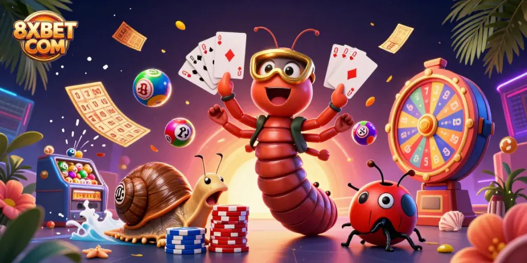 Play exciting games with colorful elements at 8XBET COM, featuring dynamic lottery balls and a charming dealer.