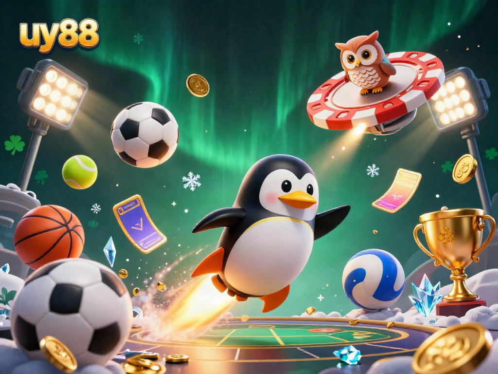 Bet on excitement at uy88 with a golden penguin soaring toward a vibrant casino space station.