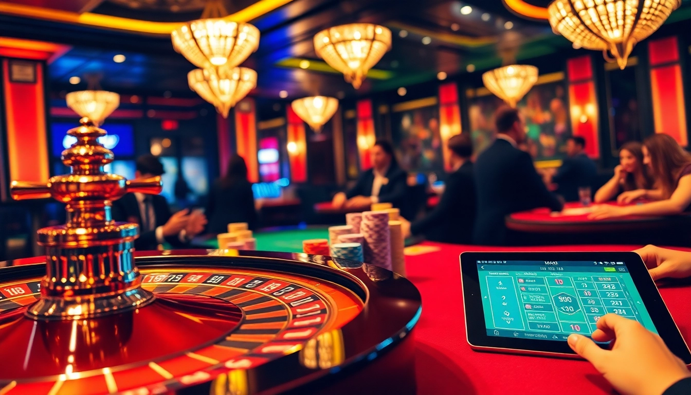 Players betting at a luxurious casino with vibrant lights and the keyword mmoo integrated in the betting atmosphere