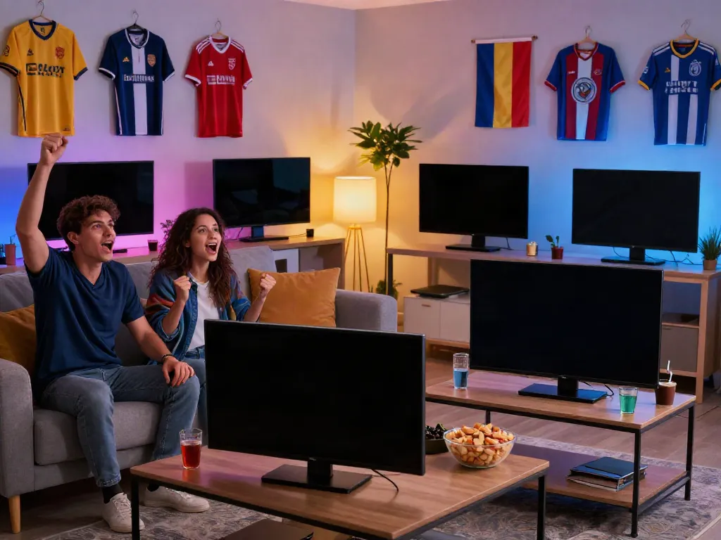 Exciting football viewing atmosphere at https://socolive8.media/ with fans enjoying a match in a vibrant room.