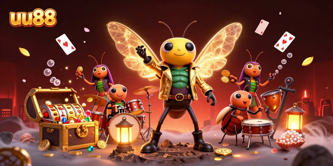 Experience thrilling gaming at uu88 with a vibrant scene featuring a cicada rock star, slot elements, and dazzling visuals.