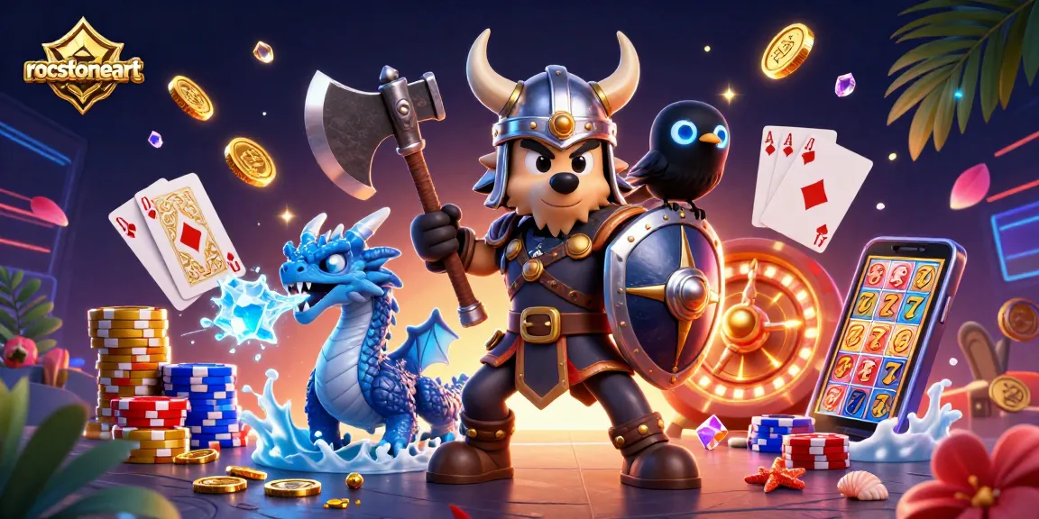 Experience intense gaming action with rocstoneart in a vibrant 3D illustration showcasing slots, roulette, and poker elements.