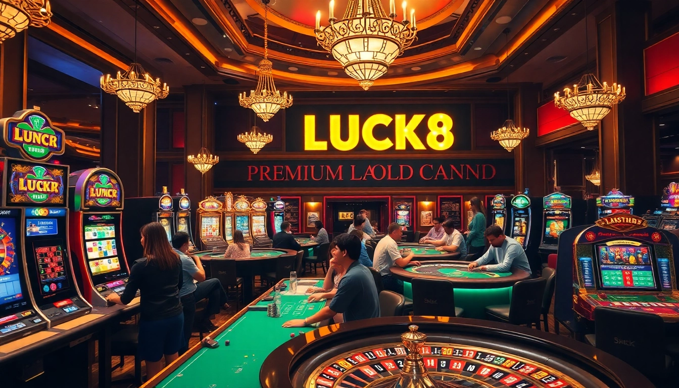 LUCK8 players enjoying thrilling games at an upscale casino with vibrant lighting.