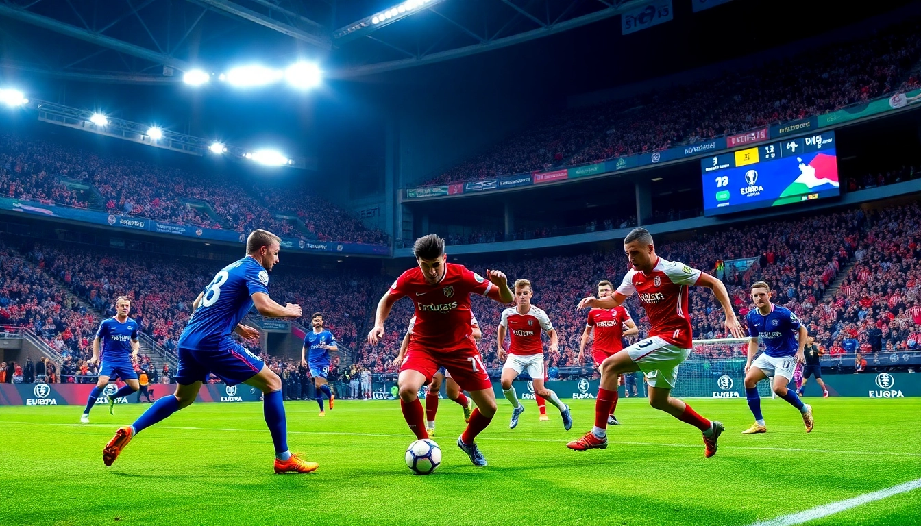 Lịch thi đấu bóng đá Europa League 2025/2026 mới nhất showcased in a high-energy soccer match.