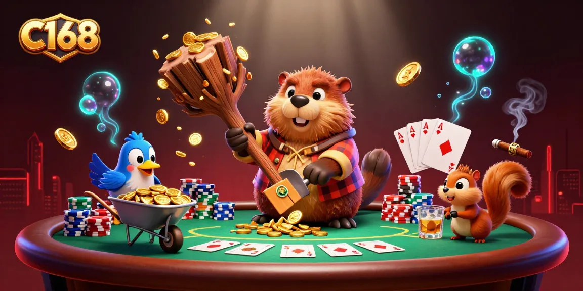 C168 features a beaver and friends celebrating casinos with gold coins in a vibrant, dynamic scene.