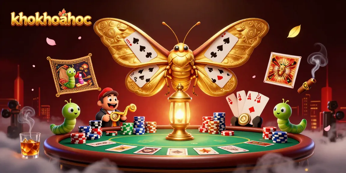 Experience khokhoahoc as the atlas moth illuminates the casino scene with its golden wings and vibrant poker elements.