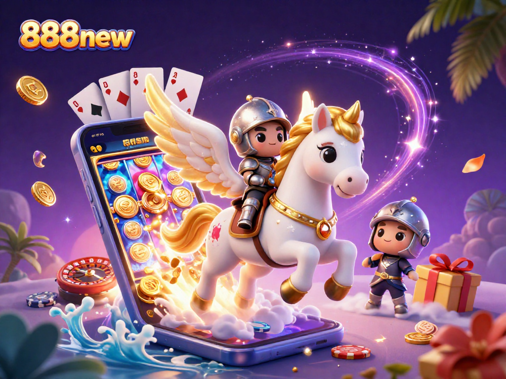 Experience thrilling gameplay with 888new's captivating cartoon illustration featuring a celestial horse and dramatic casino elements.