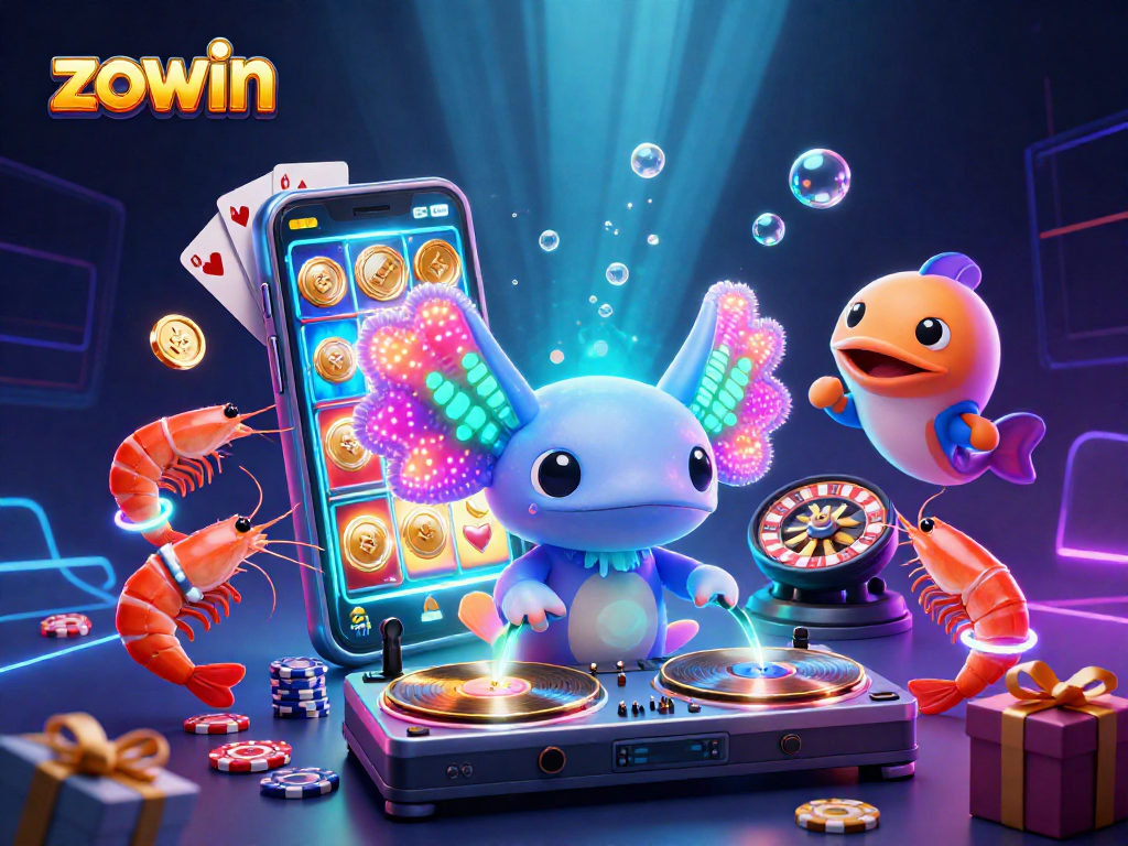 Zowin's vibrant casino scene with axolotl DJ and animated characters celebrating gaming excitement